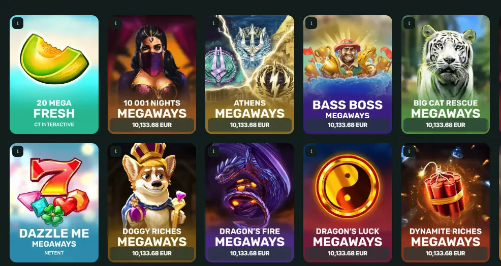Selection of Megaways slot games at BetNjet Casino showcasing variety for UK players.