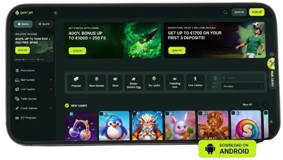 BetNjet mobile app screenshot showing the casino lobby with a download for Android button.